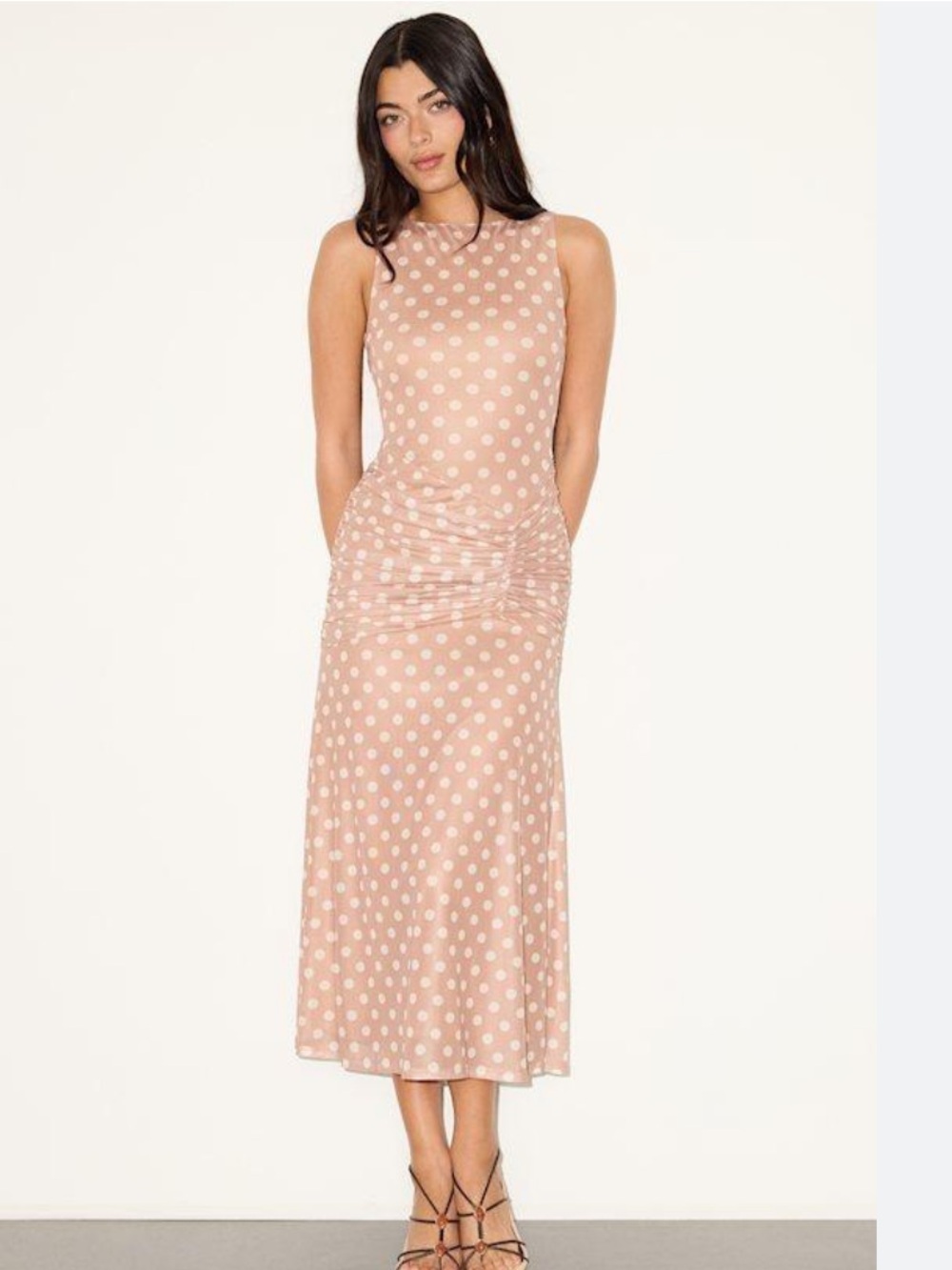 AFRM Los Angeles Deep Rayon Polka Dot Ruched Midi Dress – Size S/P – NW